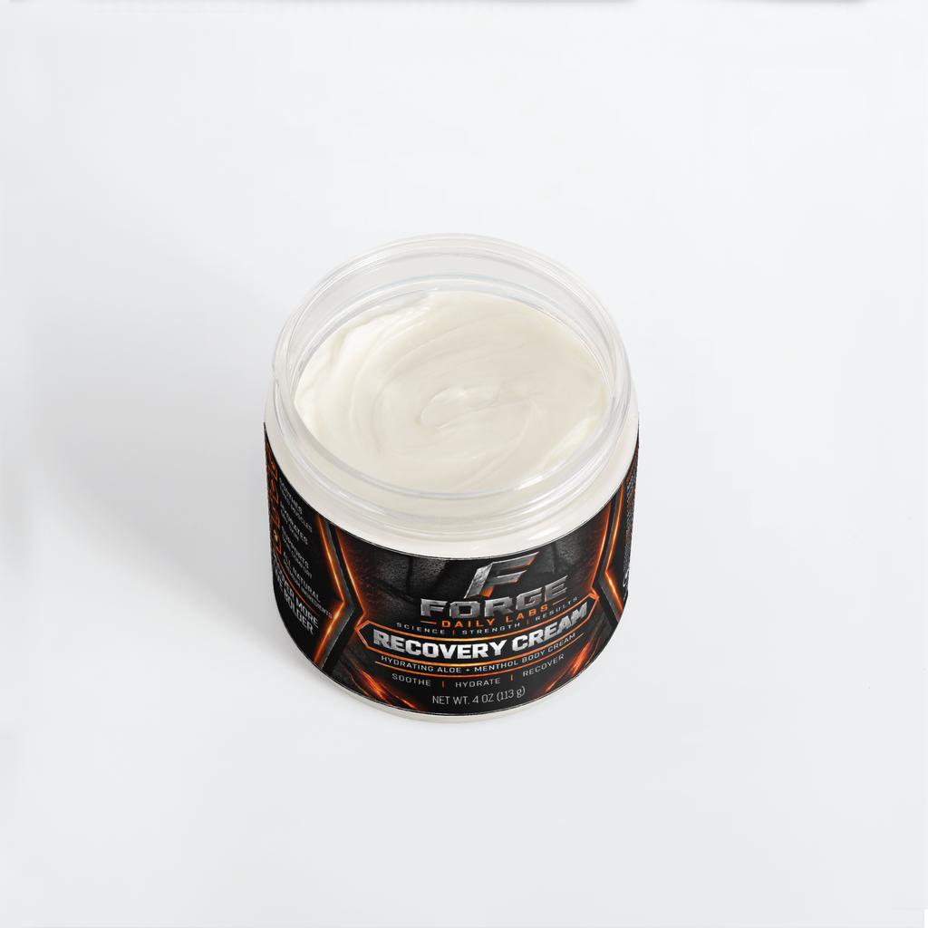 Forge Daily Labs Recovery Cream 4 oz open jar with aloe and menthol body cream visible, top view