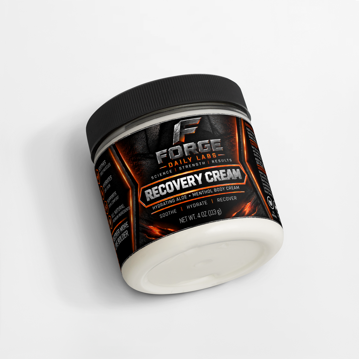 Forge Daily Labs Recovery Cream 4 oz jar with aloe and menthol body cream, angled product view