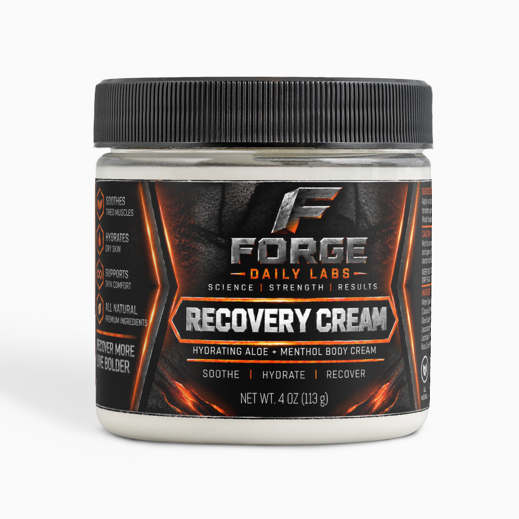 Forge Daily Labs Recovery Cream with hydrating aloe and menthol in a 4 oz jar for skin comfort and recovery.