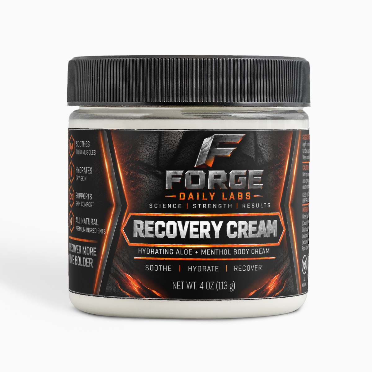 Forge Daily Labs Recovery Cream with hydrating aloe and menthol in a 4 oz jar for skin comfort and recovery.