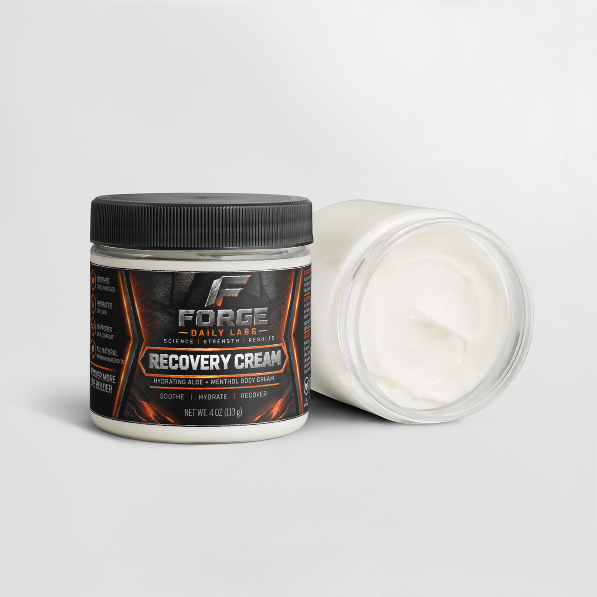 Forge Daily Labs Recovery Cream 4 oz jar shown open with aloe and menthol body cream visible